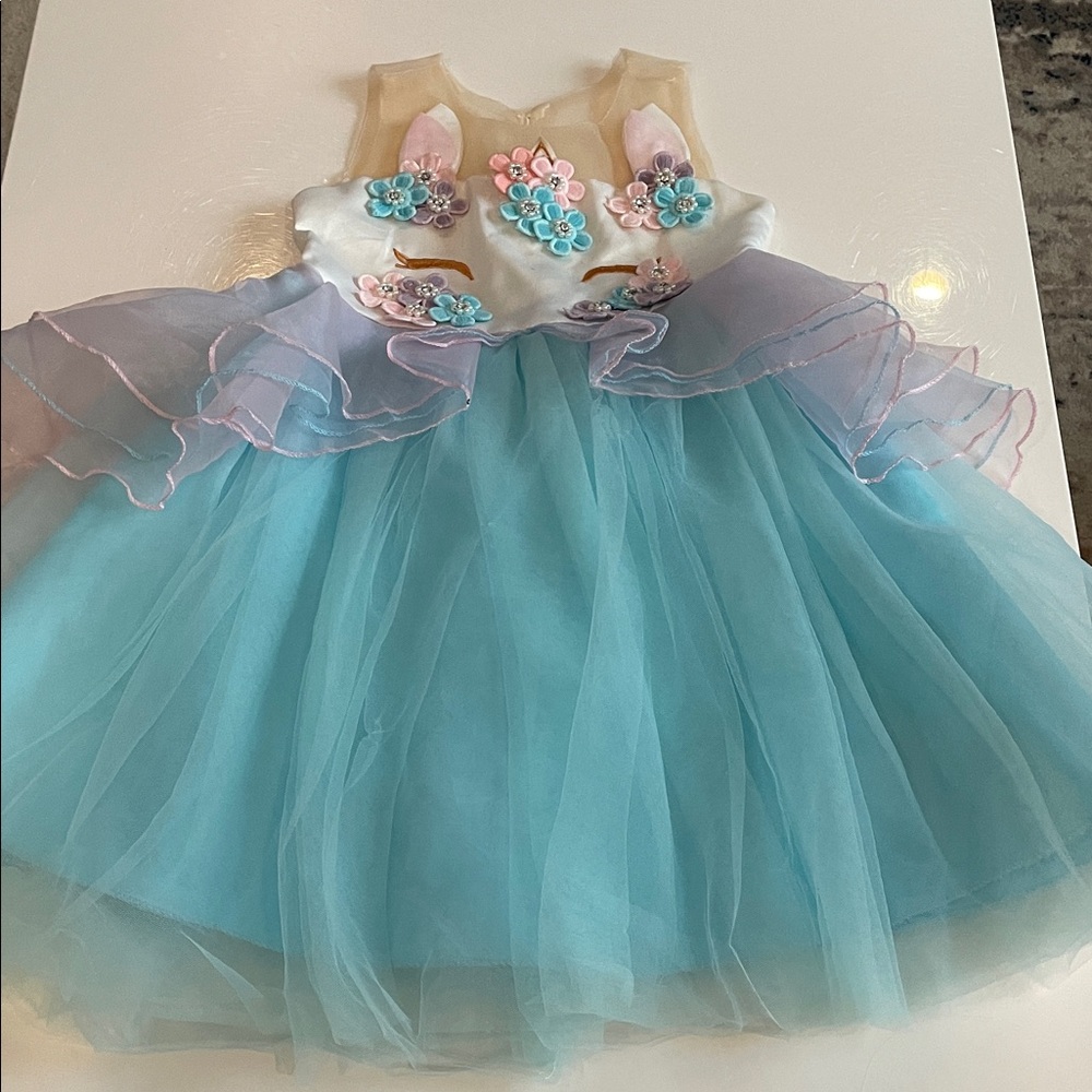 Floral Embellished Blue and Cream Dress